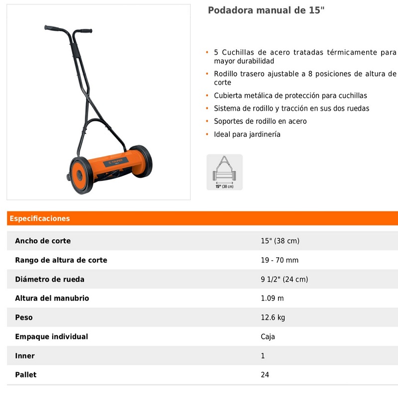 Podadora Manual  15" Cortadora de Pasto-Hierba sistema de Rodillo 5 Cuchillas Jardin Jardinera Truper POMA-15