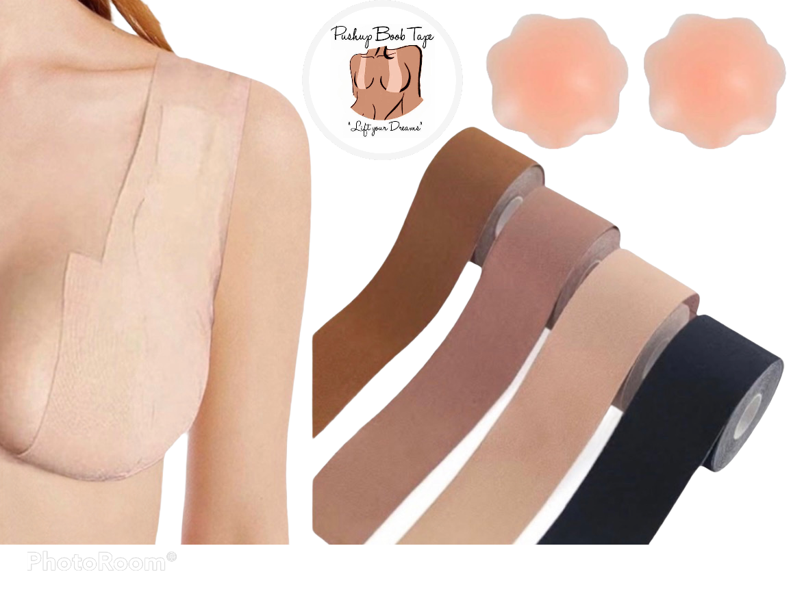 Pushup Boob Tape, Cinta Levanta Busto Rollo 5 Cm X 5 Mts, con Par de Pezonera de Silicon
