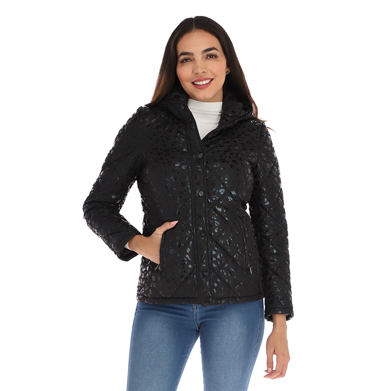 Chamarra capitonada Shyla estampada con capcucha integrada - Main Image