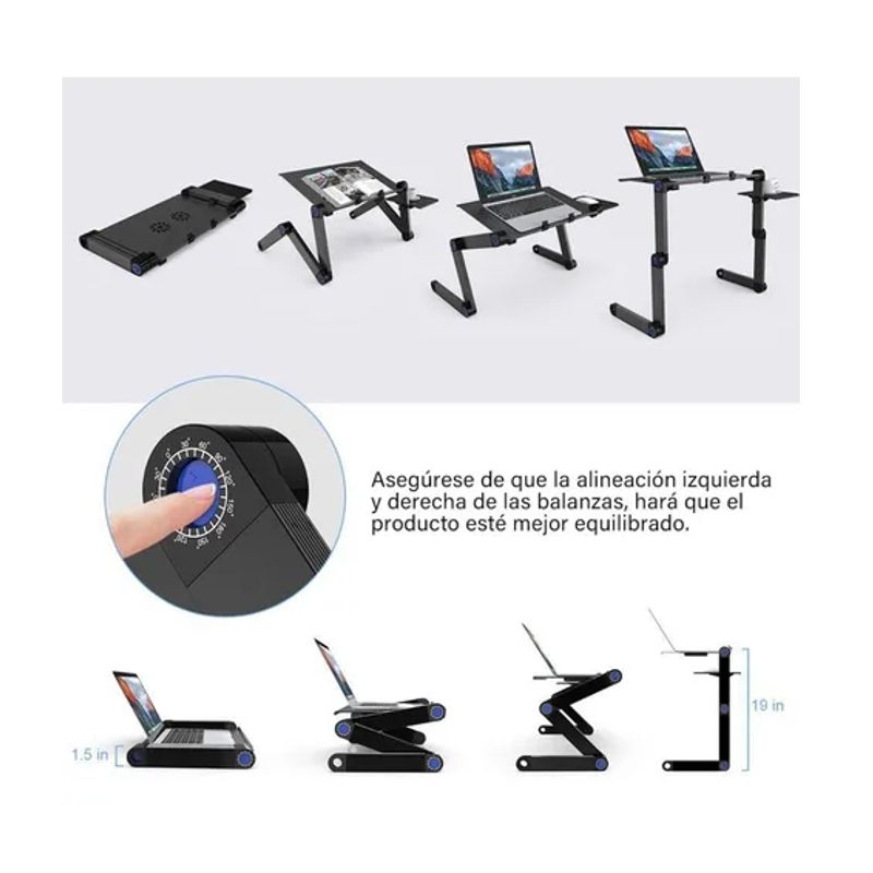 BASE SOPORTE ARTICULADO MULTIFUNCION PARA LAPTOP, METALICO, CON VENTILADOR, NEGRO 