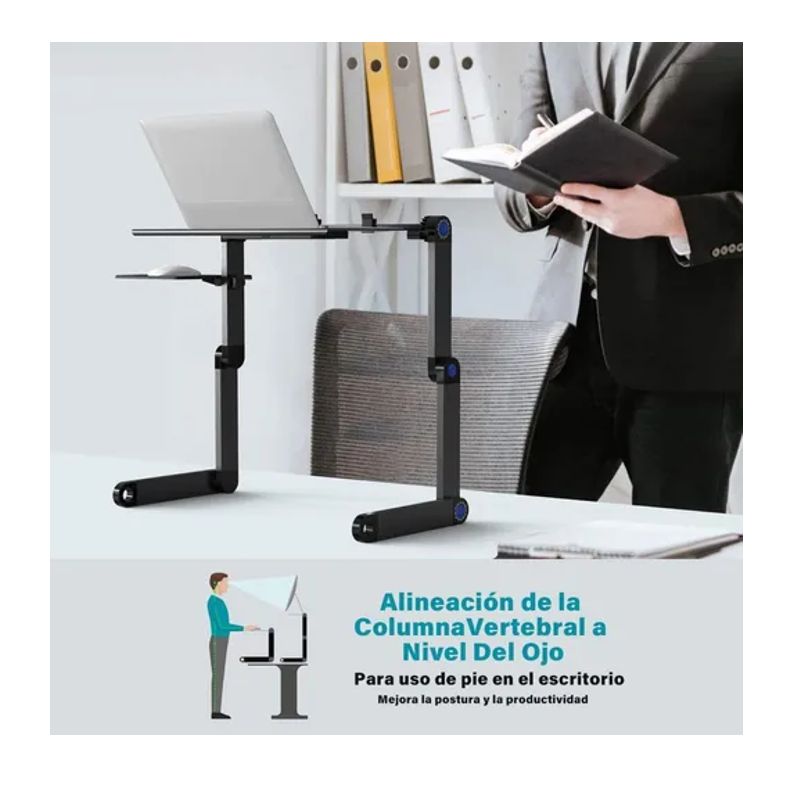 BASE SOPORTE ARTICULADO MULTIFUNCION PARA LAPTOP, METALICO, CON VENTILADOR, NEGRO 