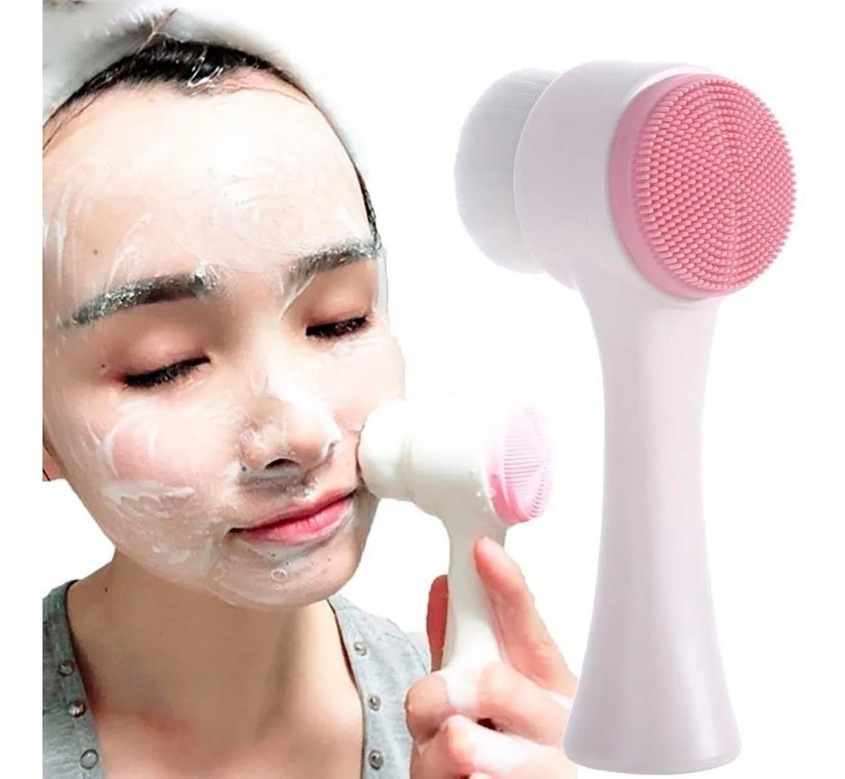 Cepillo Limpieza Facial Exfoliante Doble Cara Manual Masaje color rosa