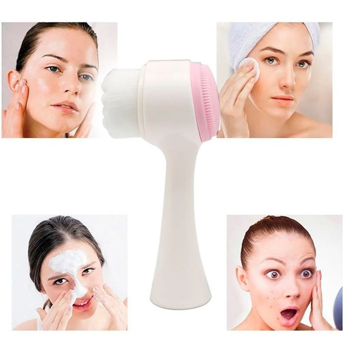 Cepillo Limpieza Facial Exfoliante Doble Cara Manual Masaje color rosa
