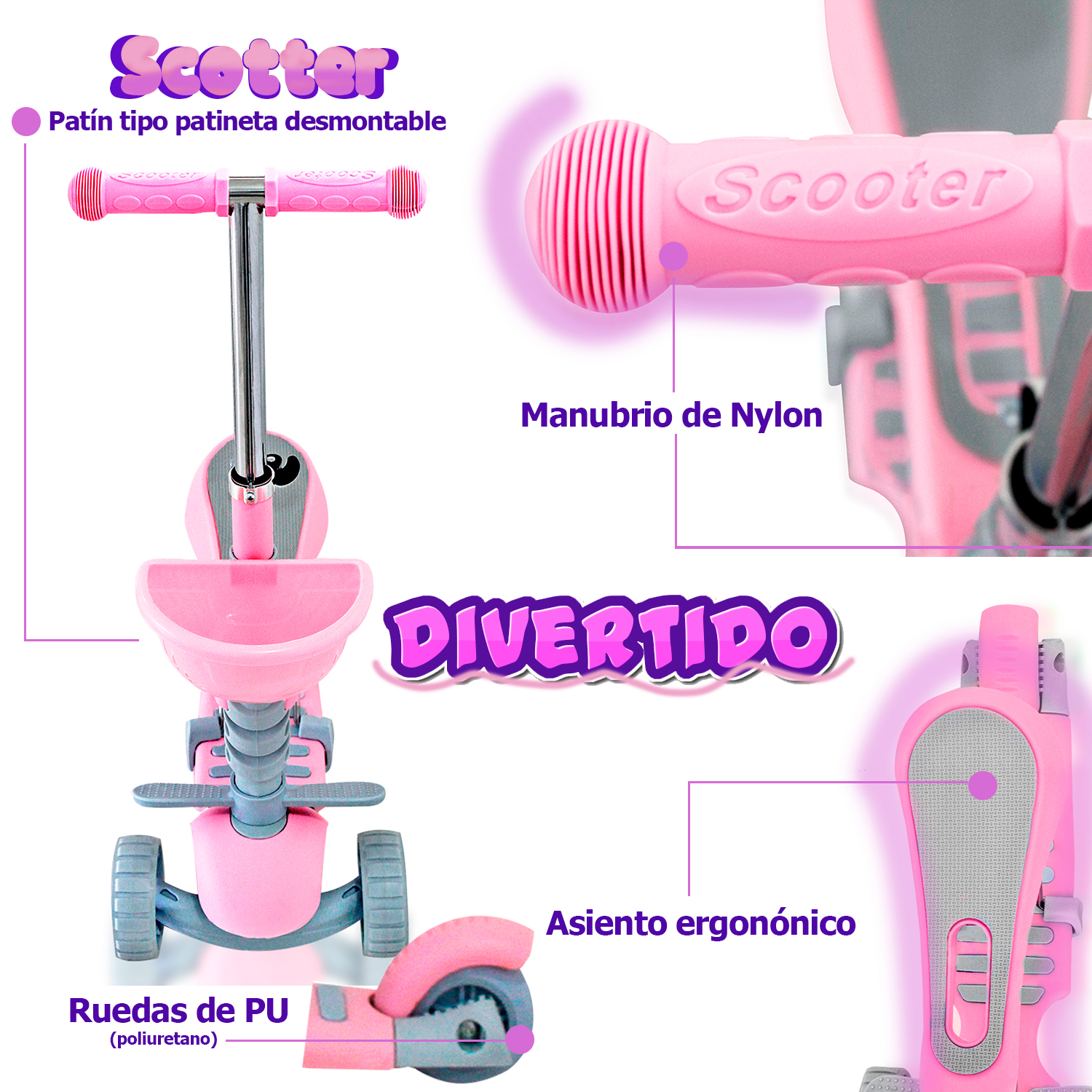 Scooter 3 ruedas Con Luces Led Y Asiento Con Canasta
