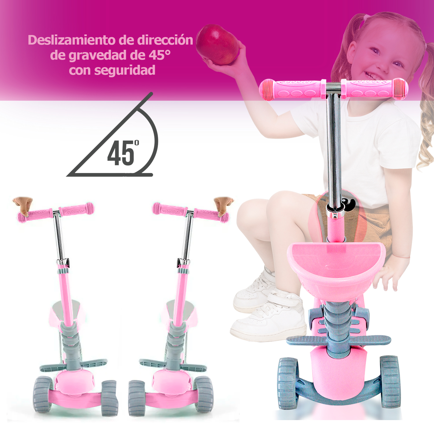 Scooter 3 ruedas Con Luces Led Y Asiento Con Canasta