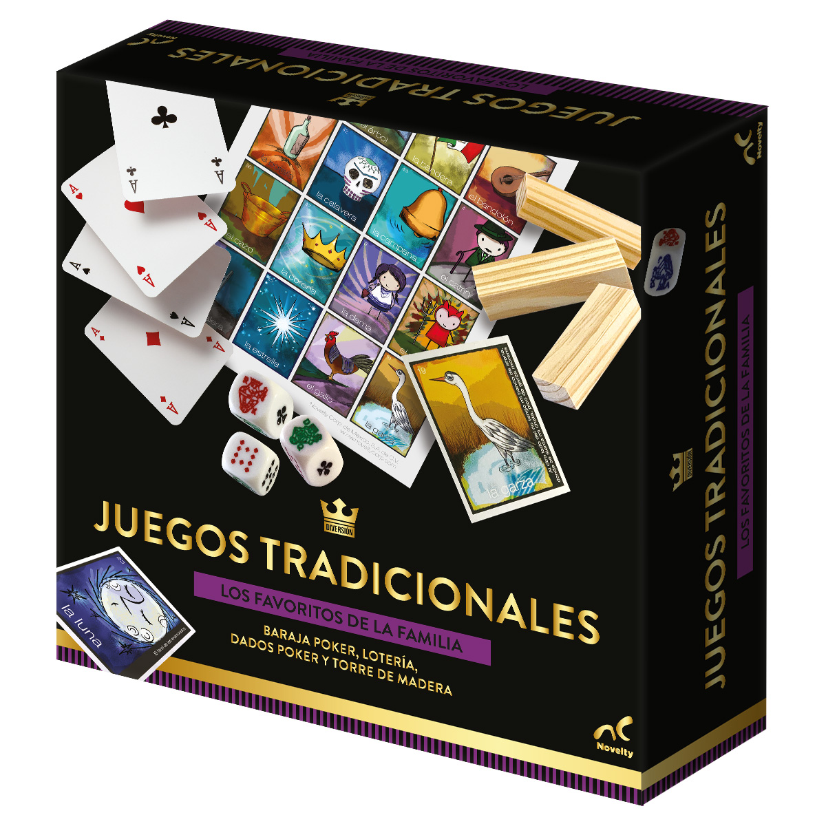 Set de 3 Juegos Clásicos: Lotería, Póker y Torre de Madera