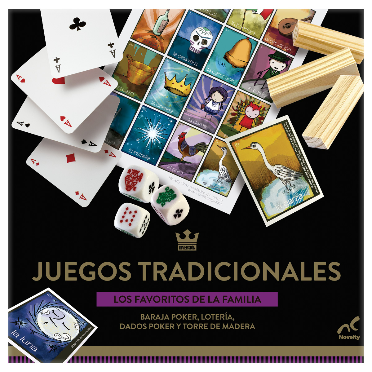 Set de 3 Juegos Clásicos: Lotería, Póker y Torre de Madera