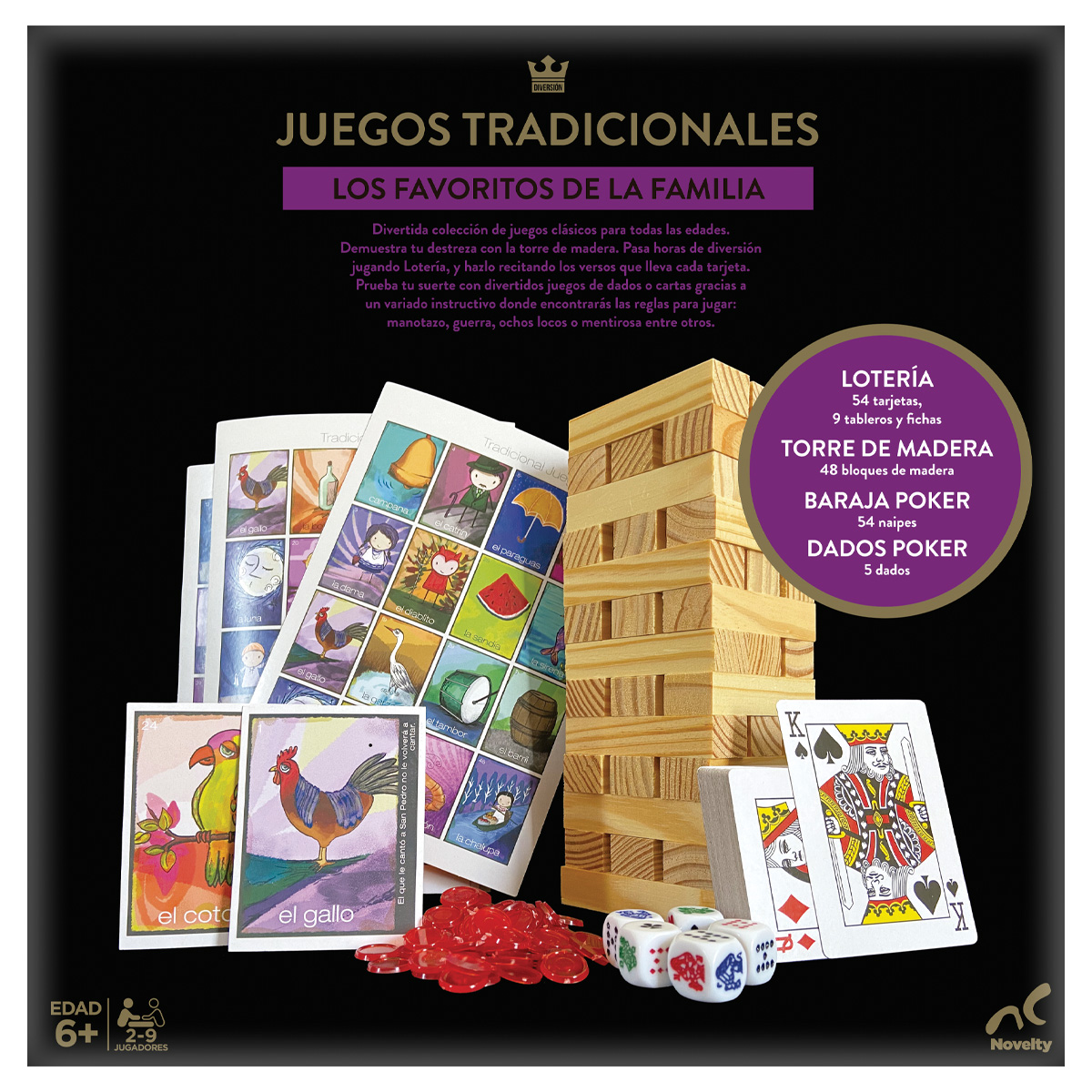 Set de 3 Juegos Clásicos: Lotería, Póker y Torre de Madera