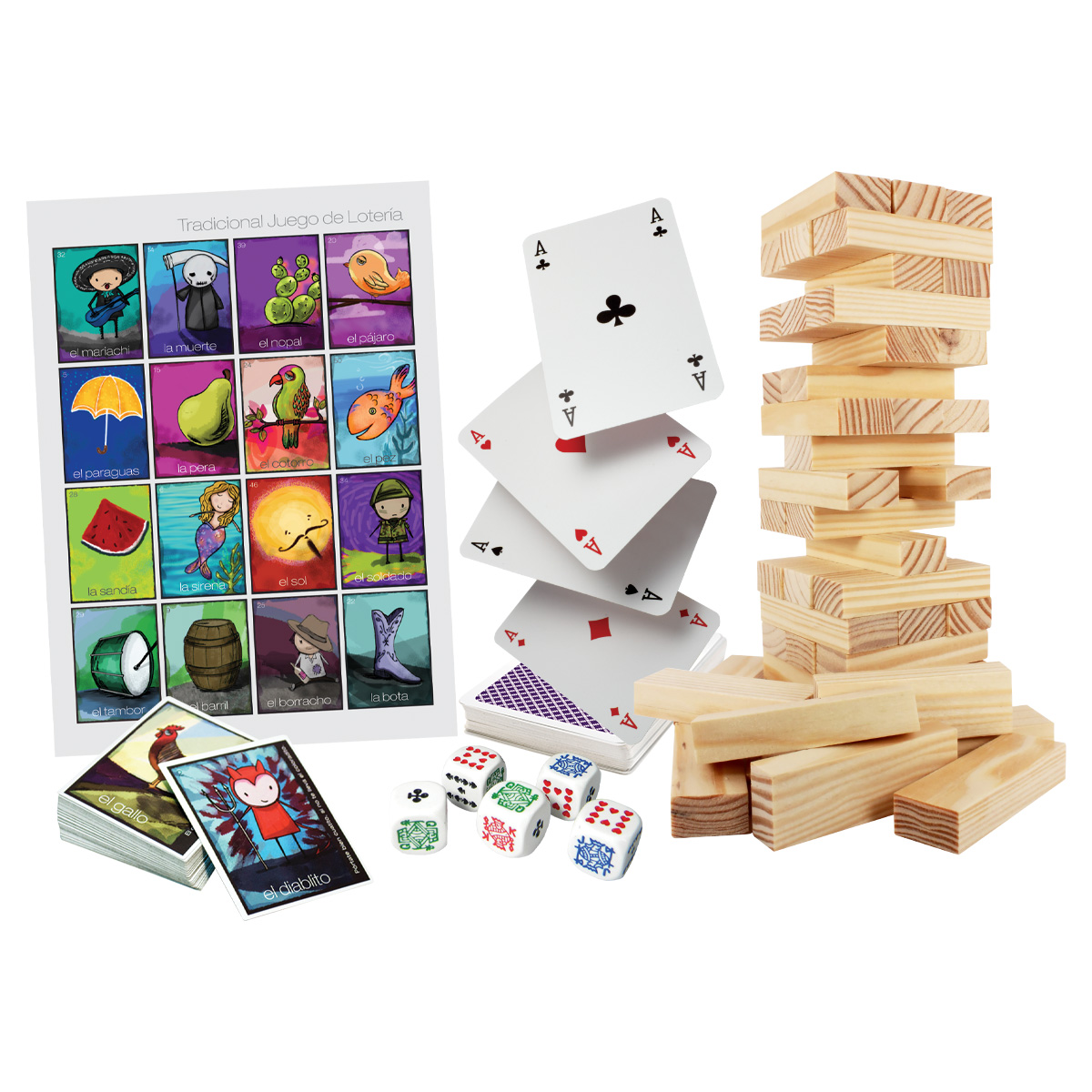 Set de 3 Juegos Clásicos: Lotería, Póker y Torre de Madera