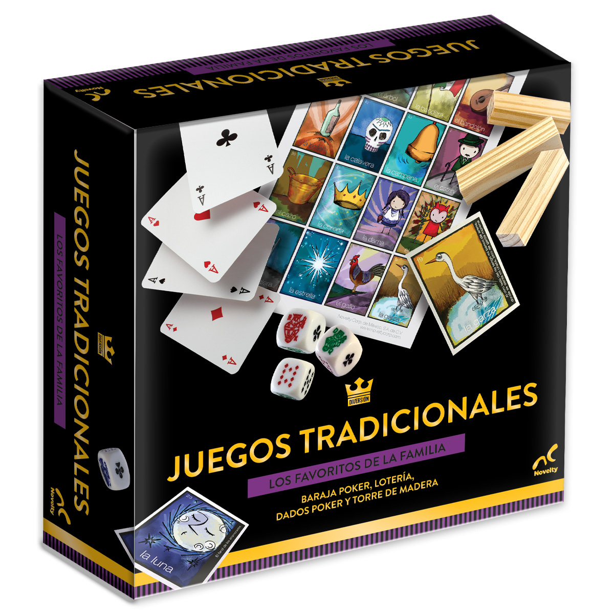 Set de 3 Juegos Clásicos: Lotería, Póker y Torre de Madera