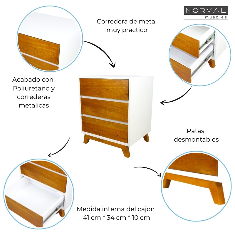 Buros Modernos Mesa Lateral de Servicio con 3 Cajones Nórdico Minimalista Nogal con Blanco NORVAL