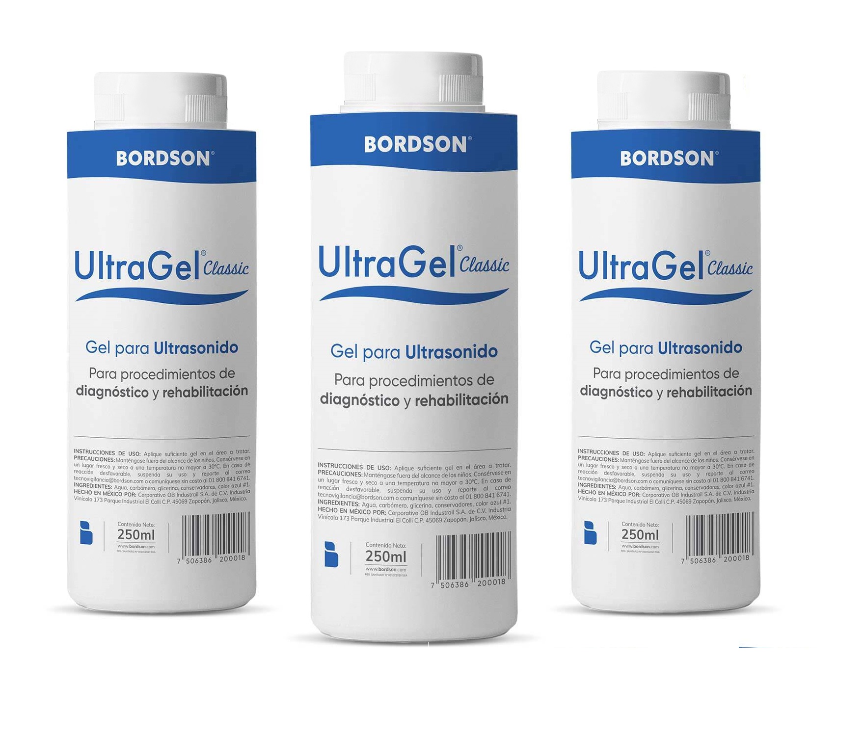 Tripack gel conductor para ultrasonido UltraGel Classic Bordson 250 ml c/u 