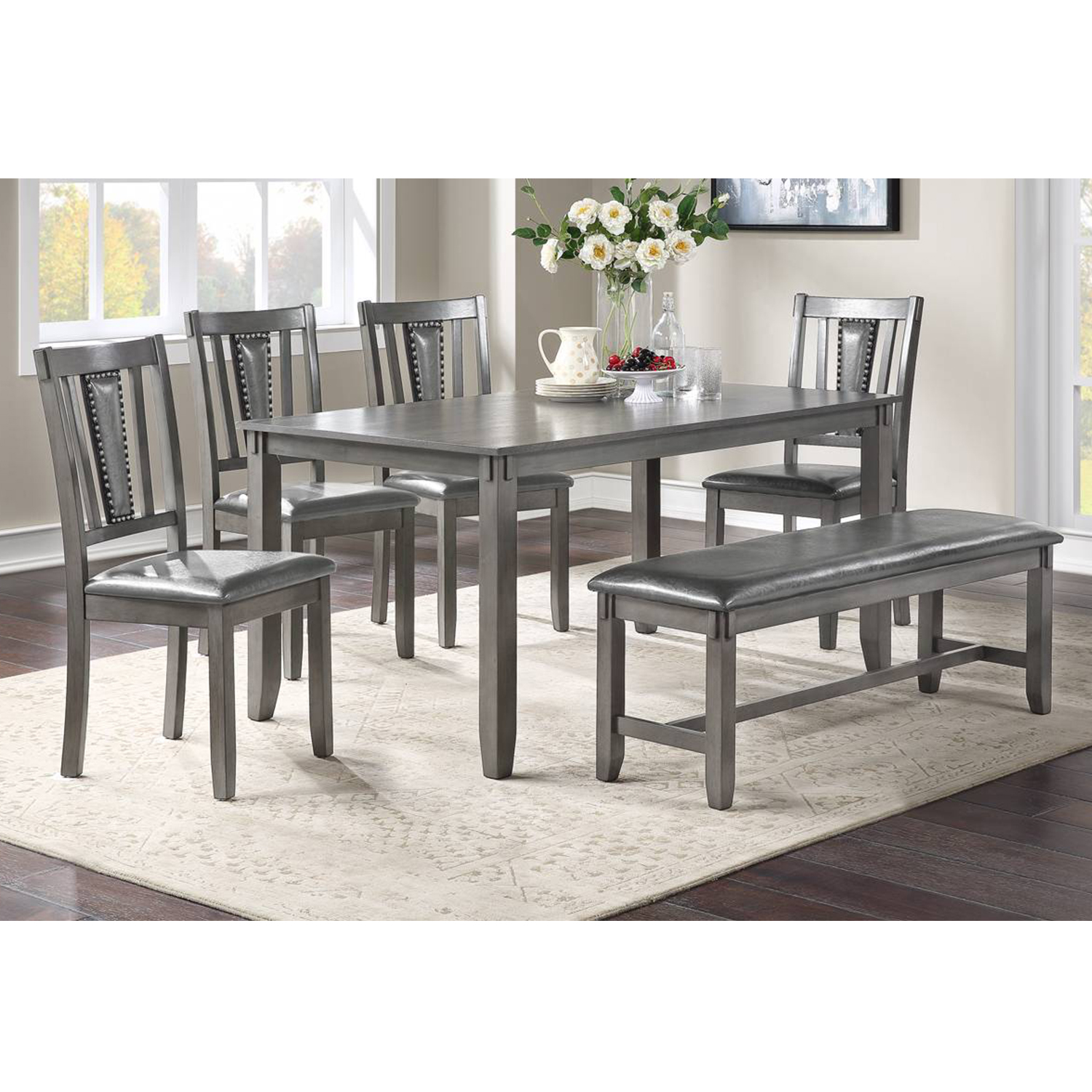 Set de Comedor 6 Piezas con Banca, Color Gris - Poundex F2549