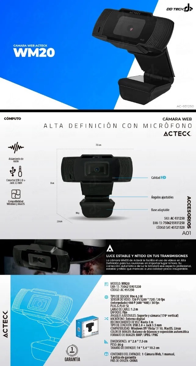 Cámara Web Acteck Wm20 720p Usb Para Pc Con Micrófono Negro