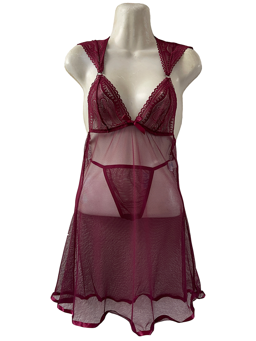 Baby Doll Mujer Sexy Burgandy ó Vino Elegante Sensual Fina Lenceria Dama 893