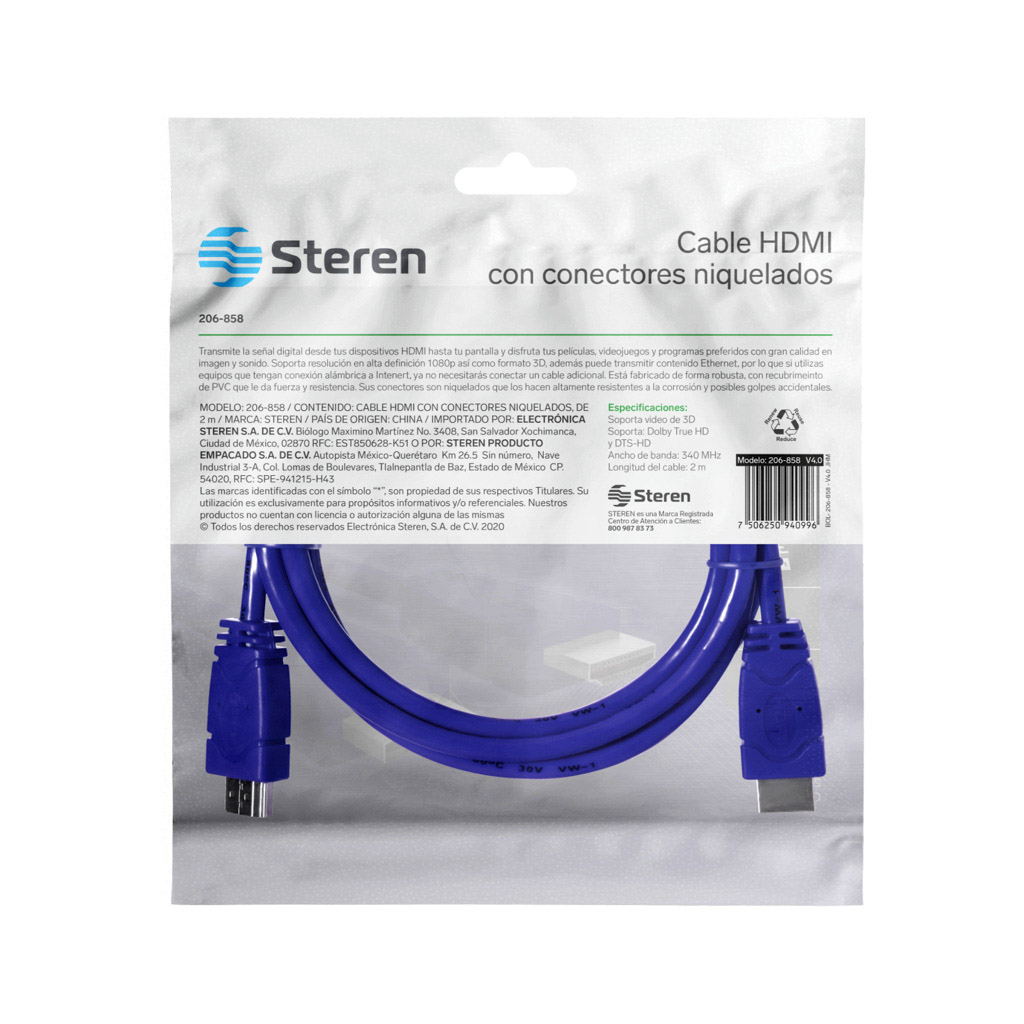 Cable HDMI con conectores niquelados de 2m Azul