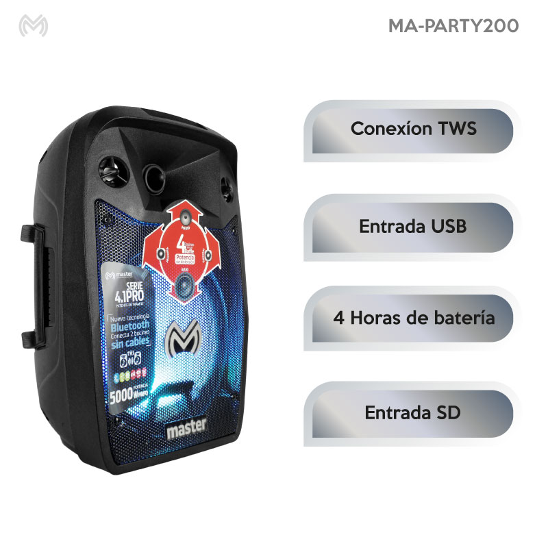 Juego de 2 Bafles Amplificados 8 pulgadas Portátil 5000 Watts Bluetooth y TWS / Master / MA-PARTY200