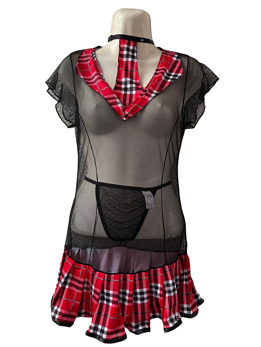 Baby Doll Mujer Sexy Disfraz Colegiala Negro con Estampado Escoces Picaro y Sensual 867