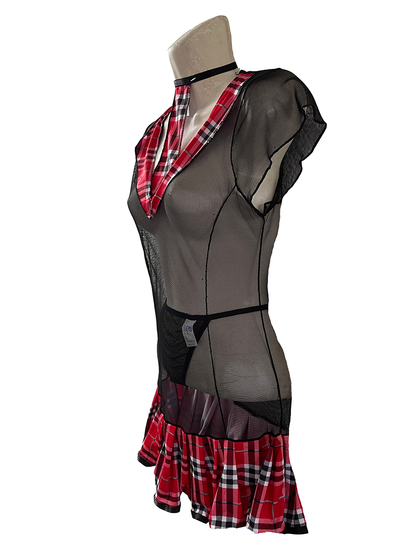 Baby Doll Mujer Sexy Disfraz Colegiala Negro con Estampado Escoces Picaro y Sensual 867