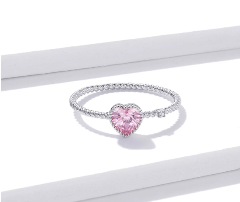 Anillo Promesa Corazón Rosa Delgado Zirconias Cúbicas Plata 925