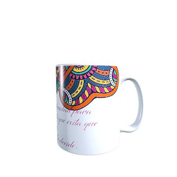 TAZA BLANCA, IMPRESA CON MANDALAS Y FRASE DE MOTIVACION