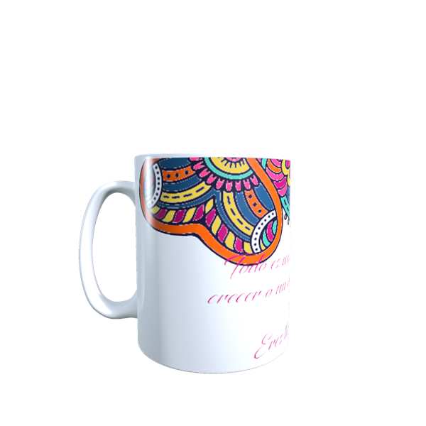 TAZA BLANCA, IMPRESA CON MANDALAS Y FRASE DE MOTIVACION