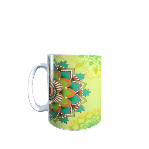 TAZA BLANCA, IMPRESA CON MANDALAS Y FRASE DE MOTIVACION