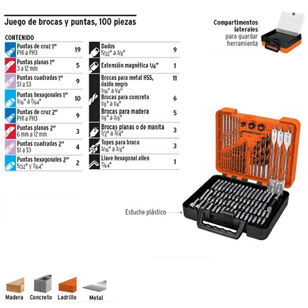 Juego Brocas Puntas Dados Set Rotomartillo Taladro para Madera -Metal y Concreto Truper con Estuche