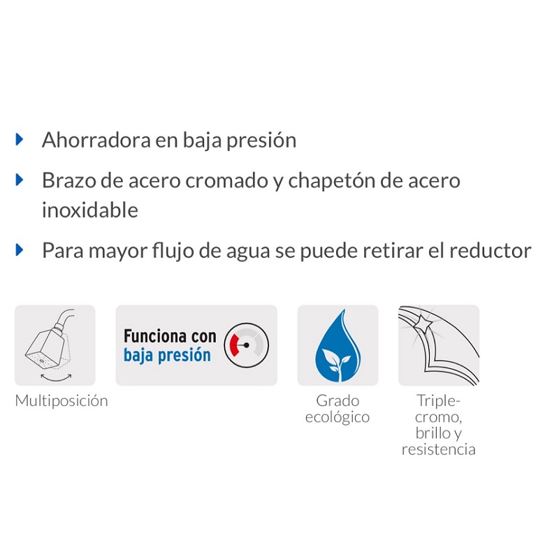 Regadera Cuadrada DE 2" de Baja Presion Acero Inoxidable Incluye Brazo R-501 Foset                                                    Foset 