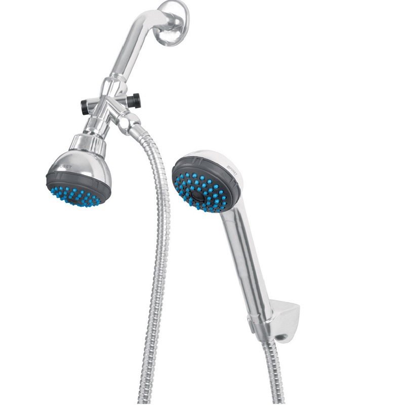 Regadera Plastica tipo Telefono de Extensión 1.5 m 2 cabezas Baja presión Chapetón de Acero Inoxidable R-007