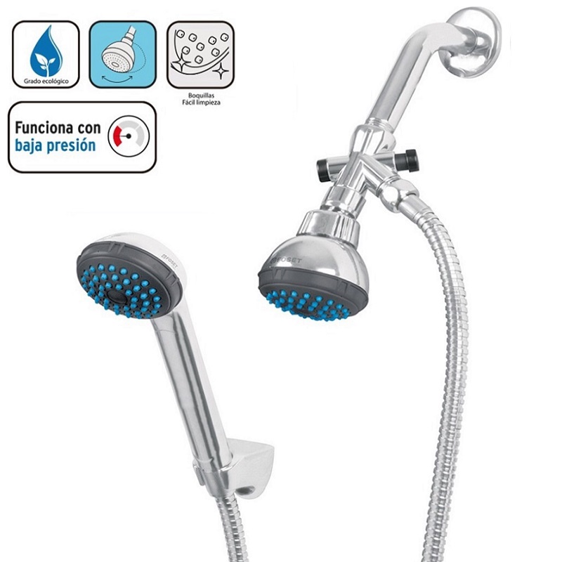 Regadera Plastica tipo Telefono de Extensión 1.5 m 2 cabezas Baja presión Chapetón de Acero Inoxidable R-007