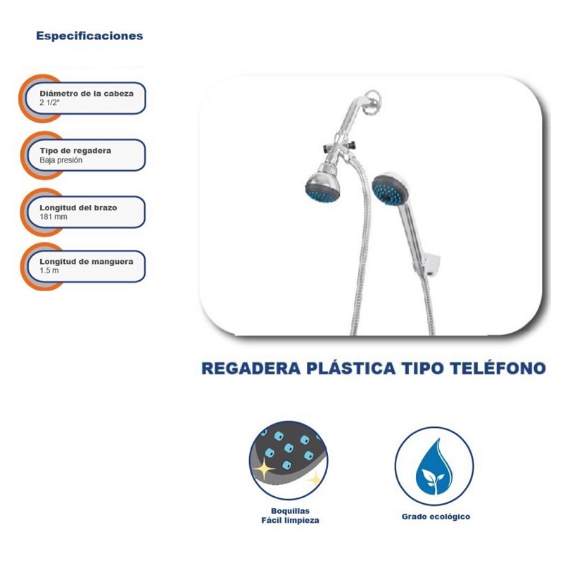 Regadera Plastica tipo Telefono de Extensión 1.5 m 2 cabezas Baja presión Chapetón de Acero Inoxidable R-007