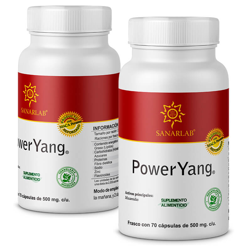 2 PACK POWER YANG VIGORIZANTE MASCULINO MACA PERUANA Y DAMIANA DE CALIFORNIA 70 CÁPSULAS C/U