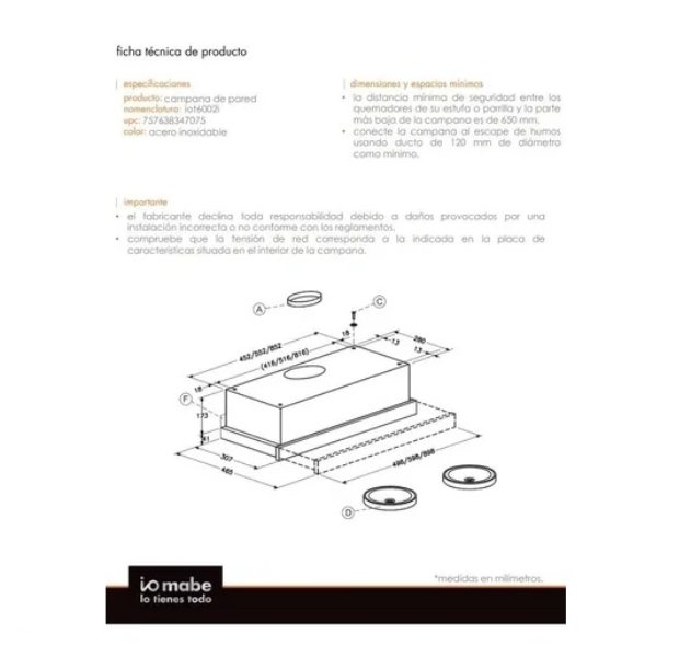 Campana Cocina Io Mabe 60 Cm Acero Inoxidable Retráctil Doble Filtro