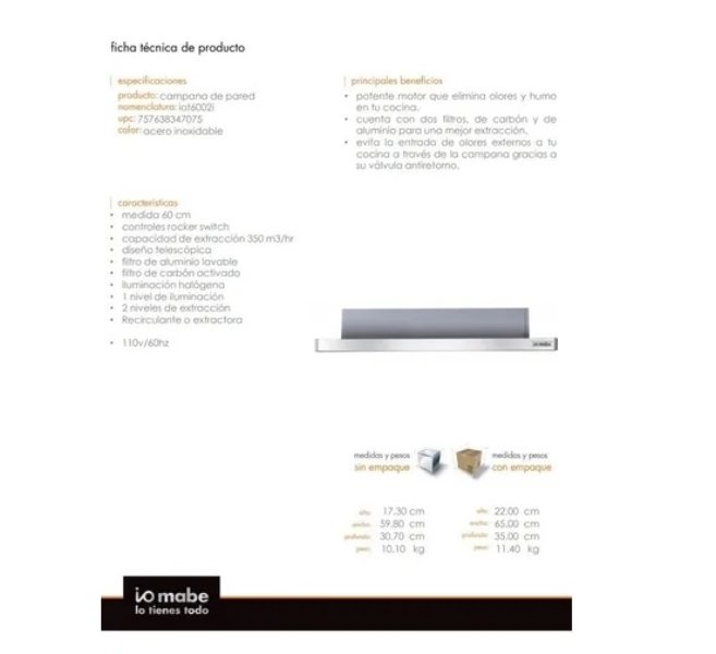 Campana Cocina Io Mabe 60 Cm Acero Inoxidable Retráctil Doble Filtro