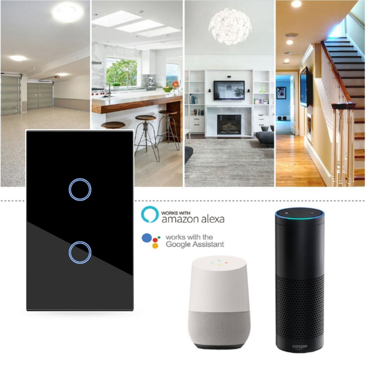 INTERRUPTOR INTELIGENTE WIFI DE PARED LUZ COMPATIBLE CON ALEXA Y GOOGLE HOME NEGRO (2 VÍAS)