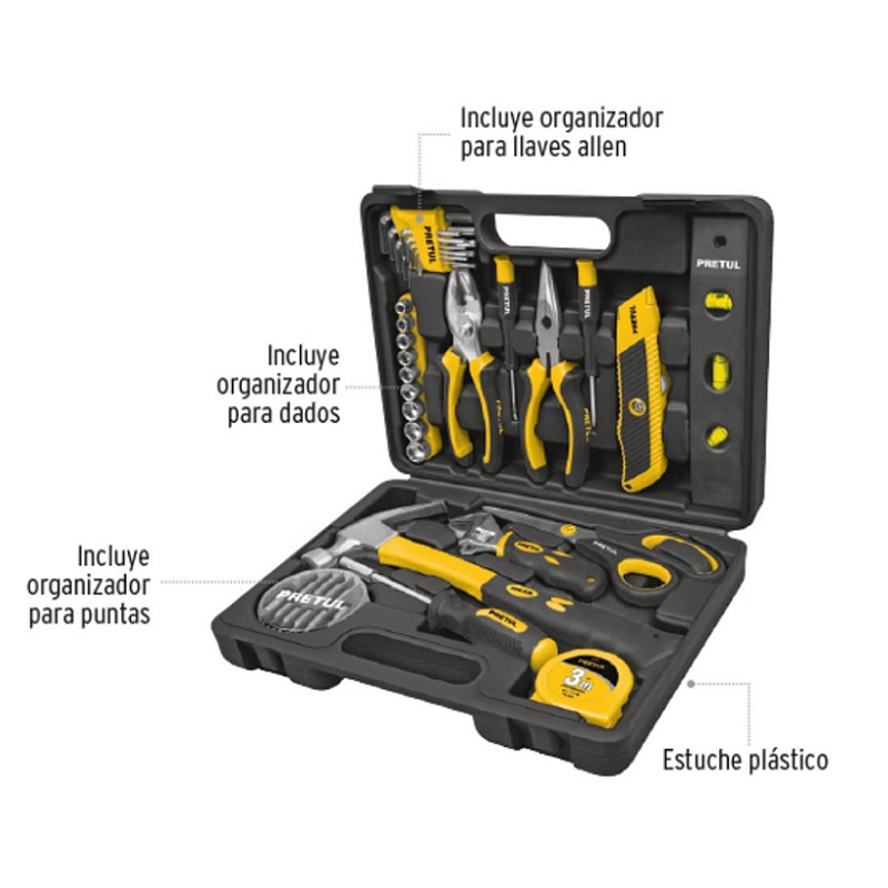 Juego de Herramientas Autocle Mecanico de 42 Pzas Hogar Set de Dados Puntas llaves Allen Martillo Flexometro Metro  Pretul