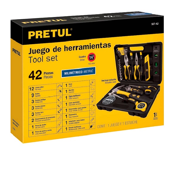 Juego de Herramientas Autocle Mecanico de 42 Pzas Hogar Set de Dados Puntas llaves Allen Martillo Flexometro Metro  Pretul