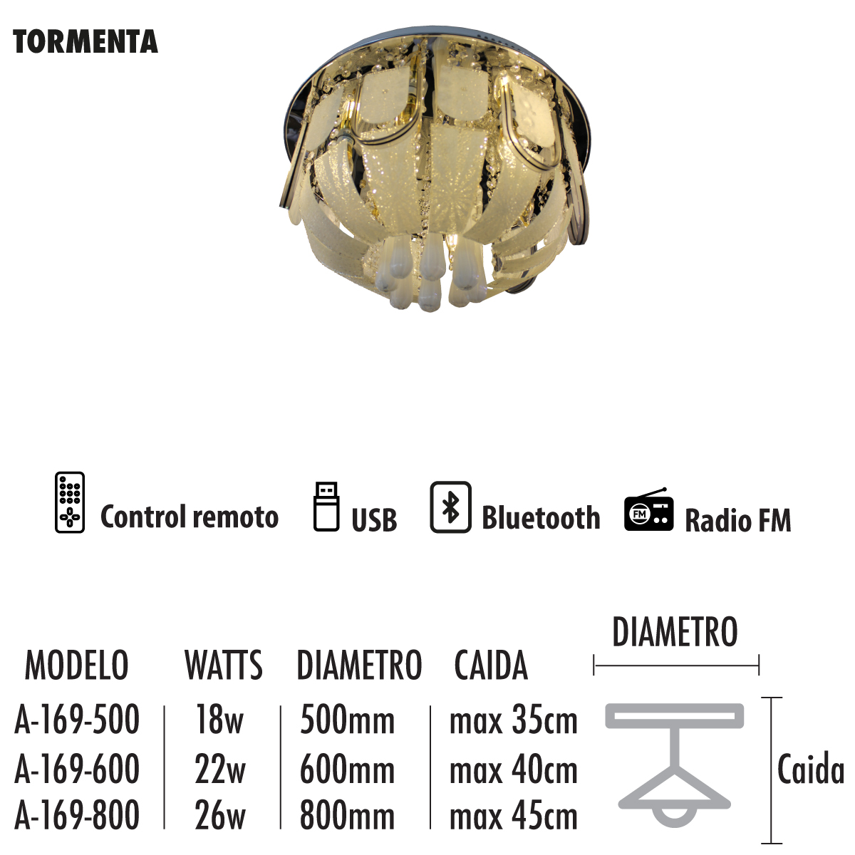 Candil De Cristal Tormenta 50cm Diametro Radio Y Bluetooth