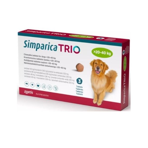 Desparasitante y Antipulgas Simparica Trio 20 A 40Kg Pulga Garrapata Gusano Corazón