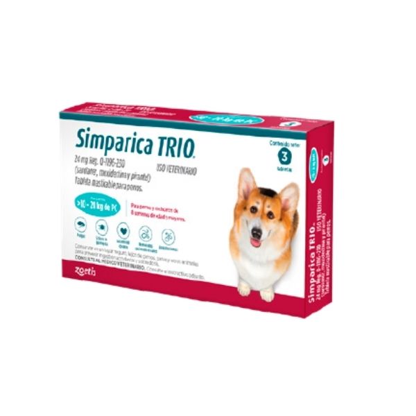Desparasitante y Antipulgas Simparica Trio 10 A 20 Kg Pulgas Garrapatas Gusano Corazón
