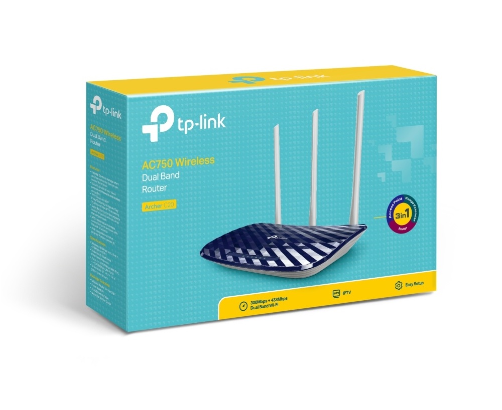 ROUTER INALAMBRICO TP-LINK ARCHER C20 AC750 DUAL BAND 2.4GHZ 4 PUERTOS LAN 1 PUERTO 3 ANTENAS