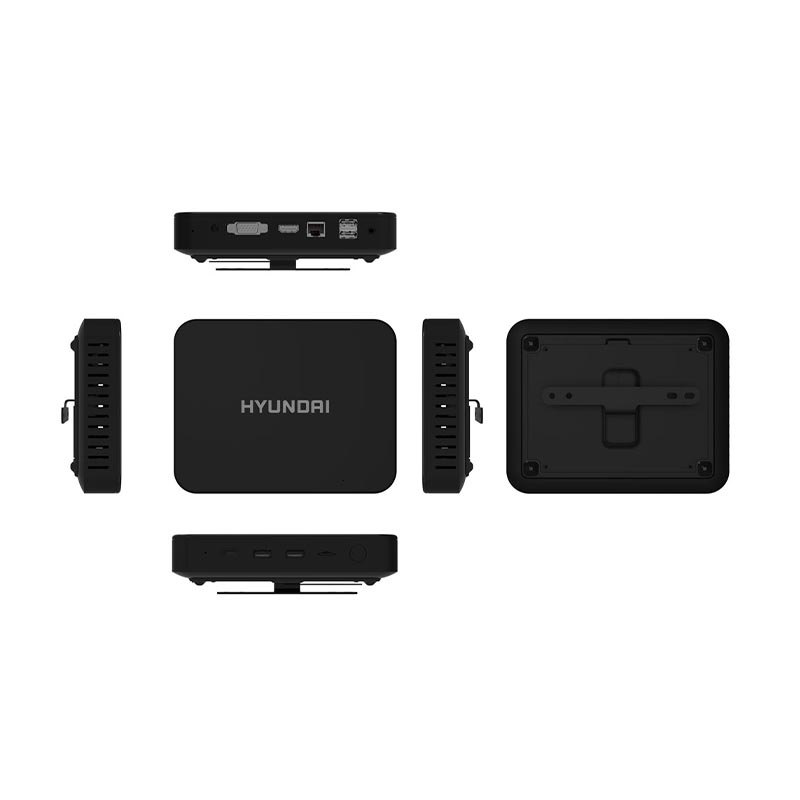 Hyundai Mini PC, Intel Celeron N4020, 4GB DDR4, 64GB Storage, Expandable 2.5" SATA HDD and M.2 SSD Slot, USB-C, Windows 10 Pro, 4K UHD Dual Monitor Support, HDMI and VGA Port, Fanless, Vesa Mount Included, Negro