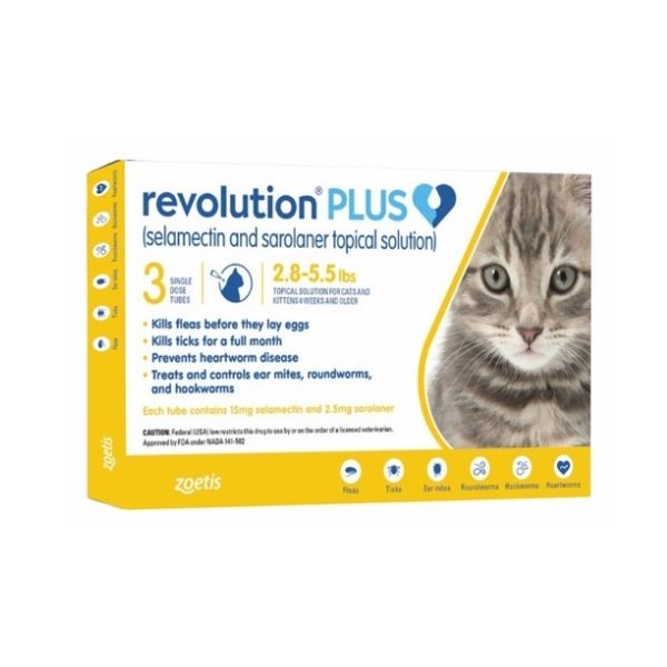 Desparasitante y Antipulgas en 3Pipetas Revolution Plus Para Gatos Hasta 2.5kg, Pulgas Garrapatas