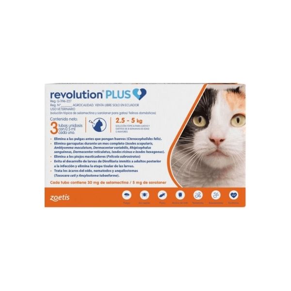 Desparasitante y Antipulgas en 3Pipetas Revolution Plus Para Gatos 2.5-5kg, Pulga Garrapata