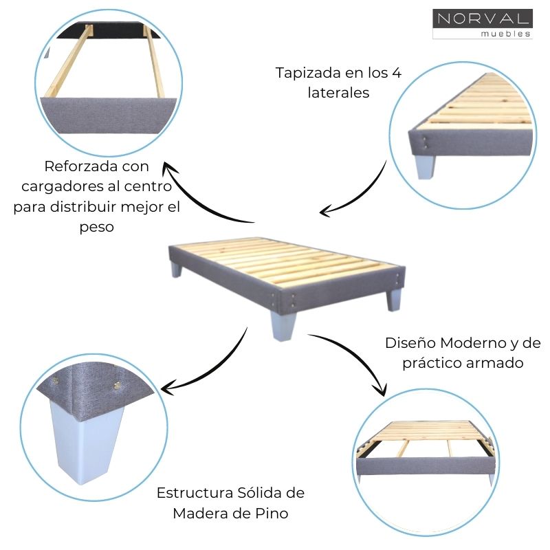 Base de Cama Individual Armable con Madera Sólida de Pino en color Gris Box Spring en estilo Nórdico NORVAL