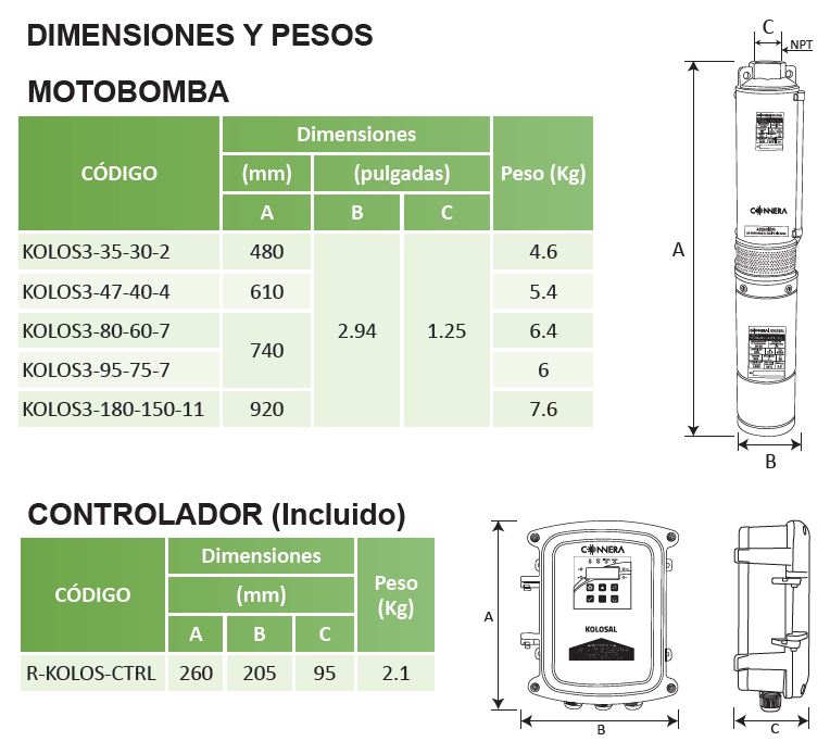 Bomba sumergible solar connera Kolos3-95-75-7 95 Metros 58 Lpm 750 Watts A 72vcd