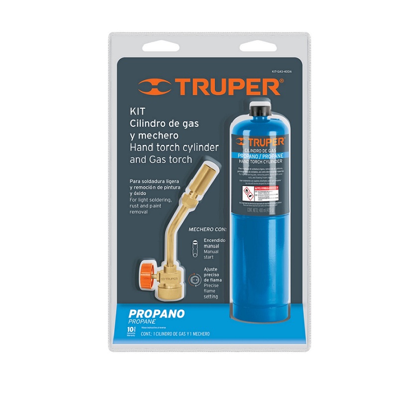 Cilindro de Gas Propano con Mechero de 400g Azul Truper KIT-GAS-400A Plomeria Soldar Soldadura en cobre Plomo