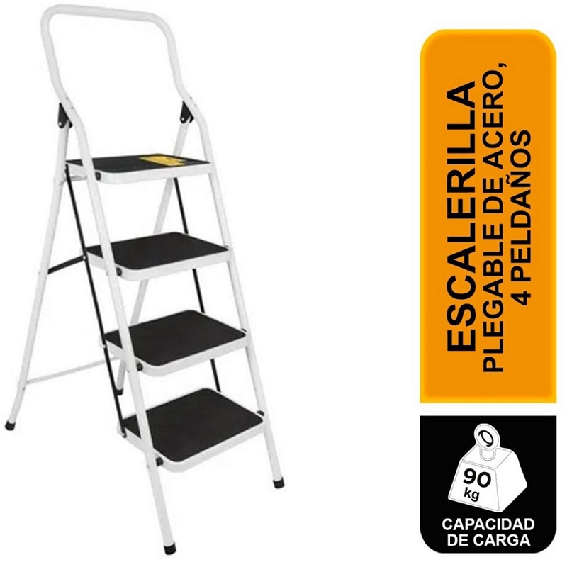 Escalera Escalerilla Tubular tipo Tijera de Acero Plegable 4 Peldaños-Escalones , Uso Domestico-Casa Negocio Papeleria Jardín Pretul ESTU-4P 
