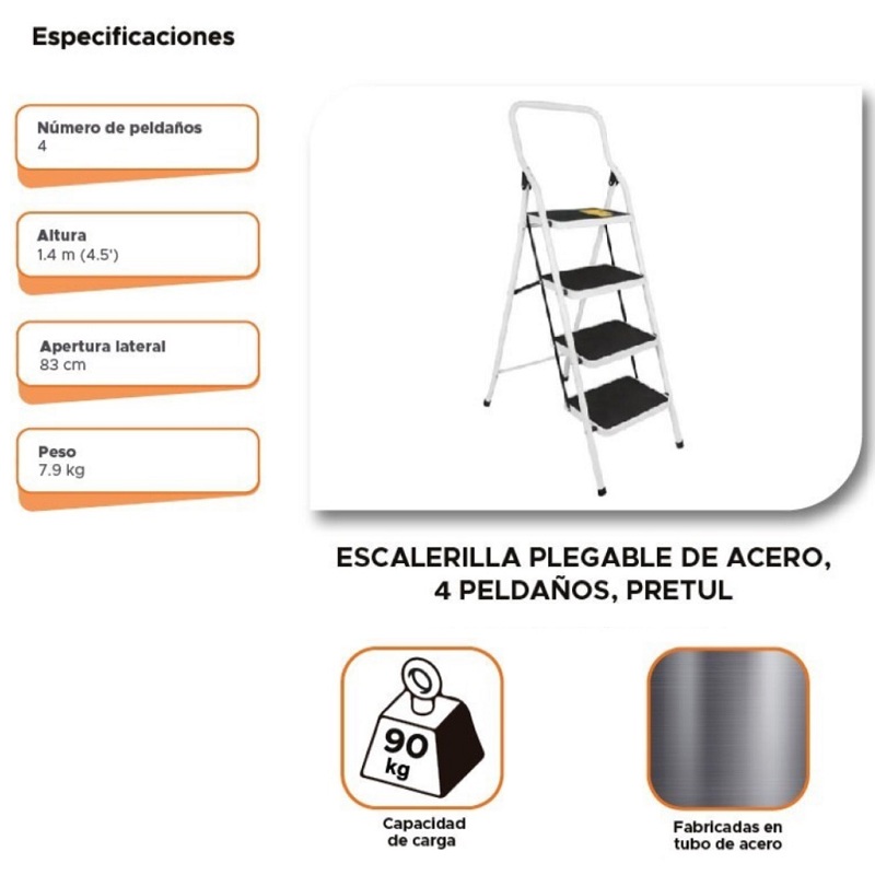 Escalera Escalerilla Tubular tipo Tijera de Acero Plegable 4 Peldaños-Escalones , Uso Domestico-Casa Negocio Papeleria Jardín Pretul ESTU-4P 
